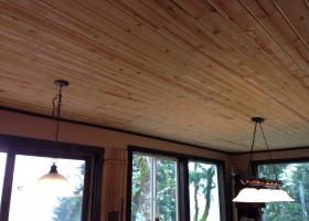 1400 sq. ft. of T&G pine with satin lacquer finish. Future work: Beams