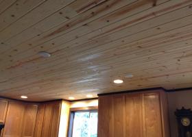 1400 sq. ft. of T&G pine with satin lacquer finish. Future work: Beams and light fixtures